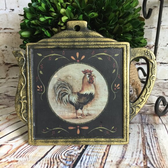 Vintage Rooster Themed Cast Metal Teapot Shaped Trivet/Wall Decor - Picture 2 of 10